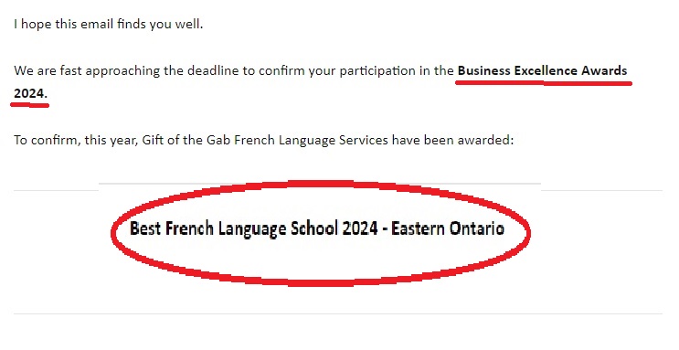 Business Excellence Awards 2024 Best French Language School 2024 - Gift of the Gab French Language Services